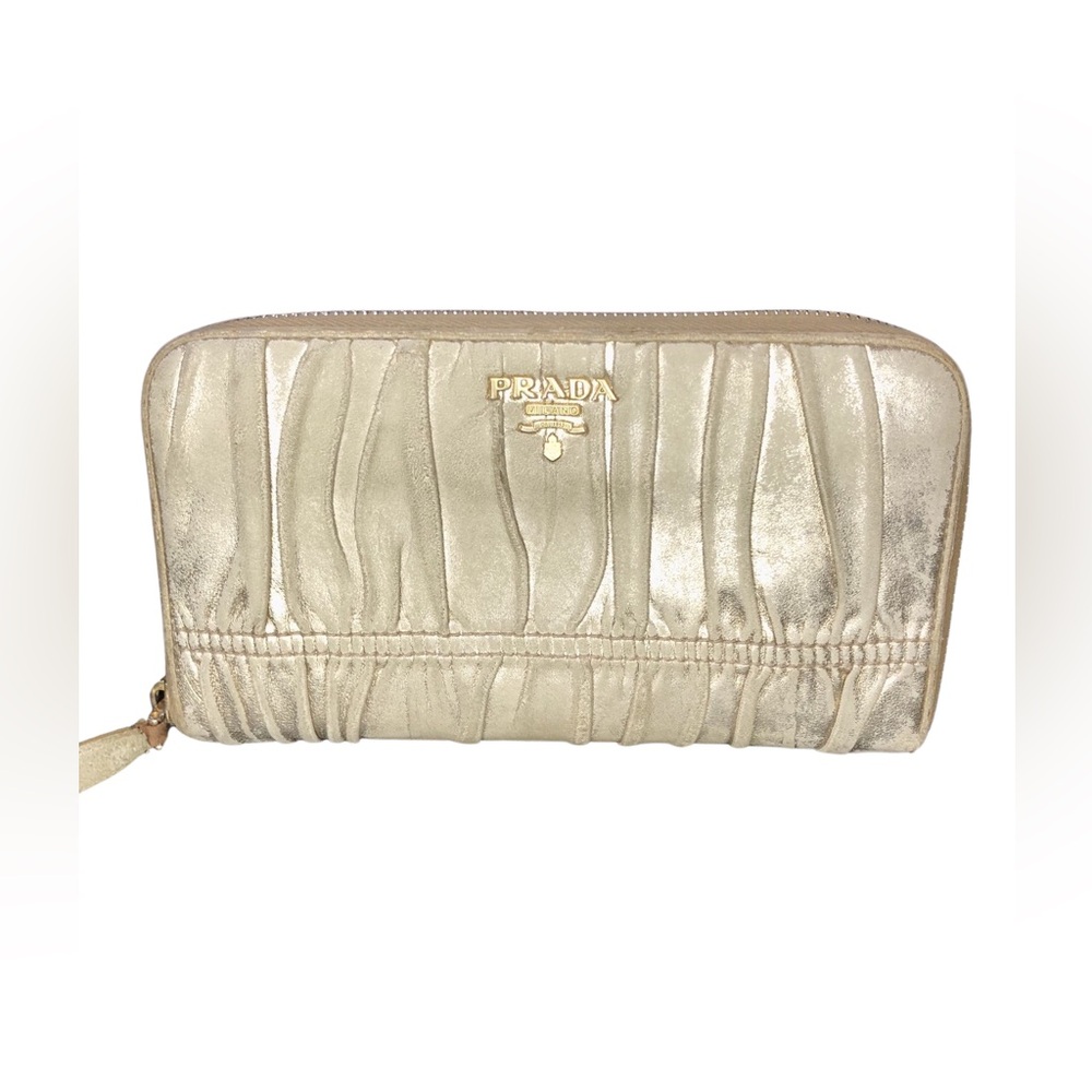 PRADA Argento Metallic Gold Suede Long Wallet